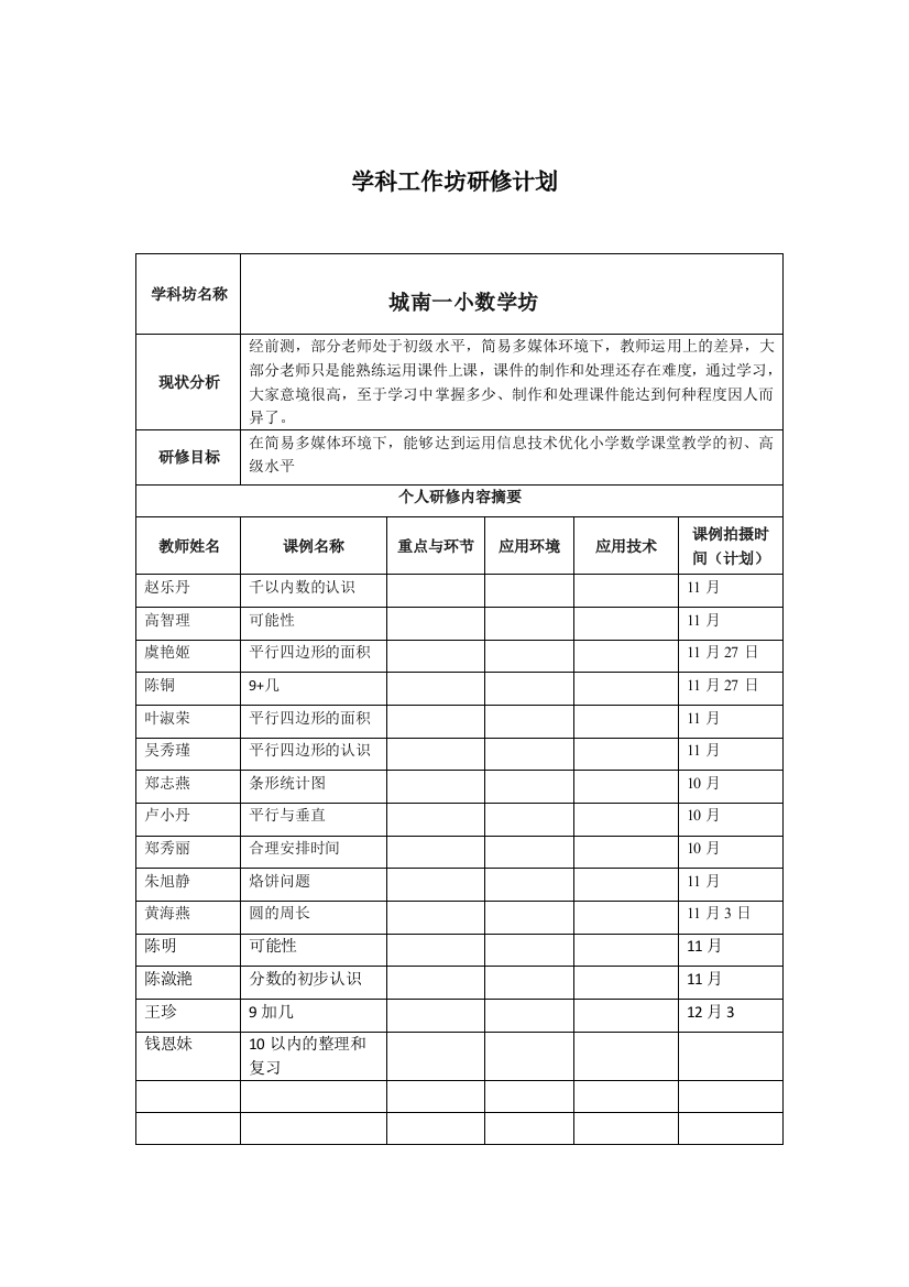 乐清市城南一小数学坊研修计划