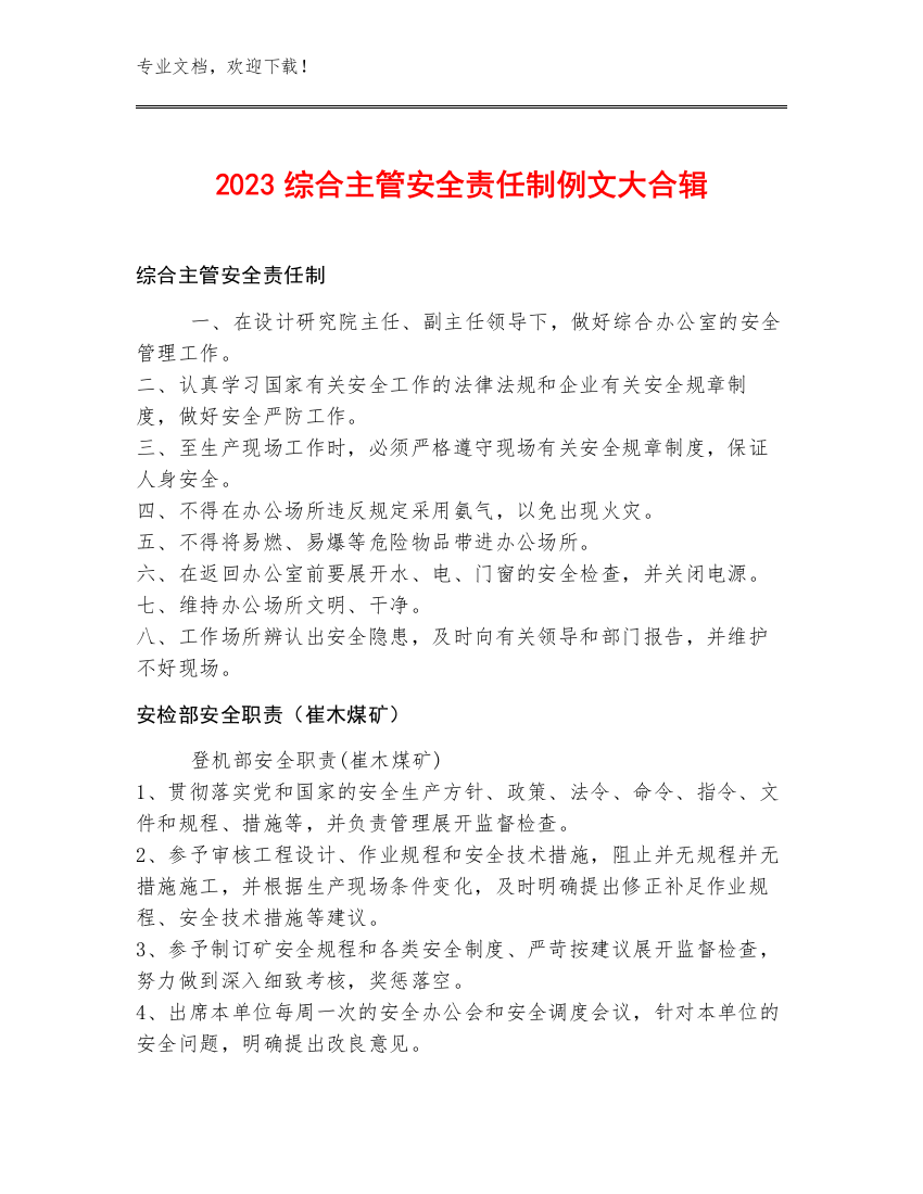 2023综合主管安全责任制例文大合辑