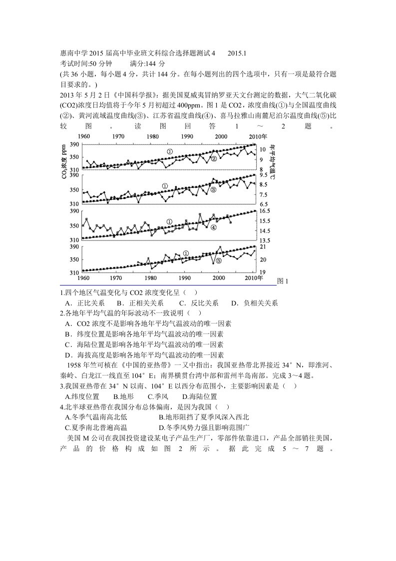 惠南中学2015届高中毕业班文科综合选择题测试