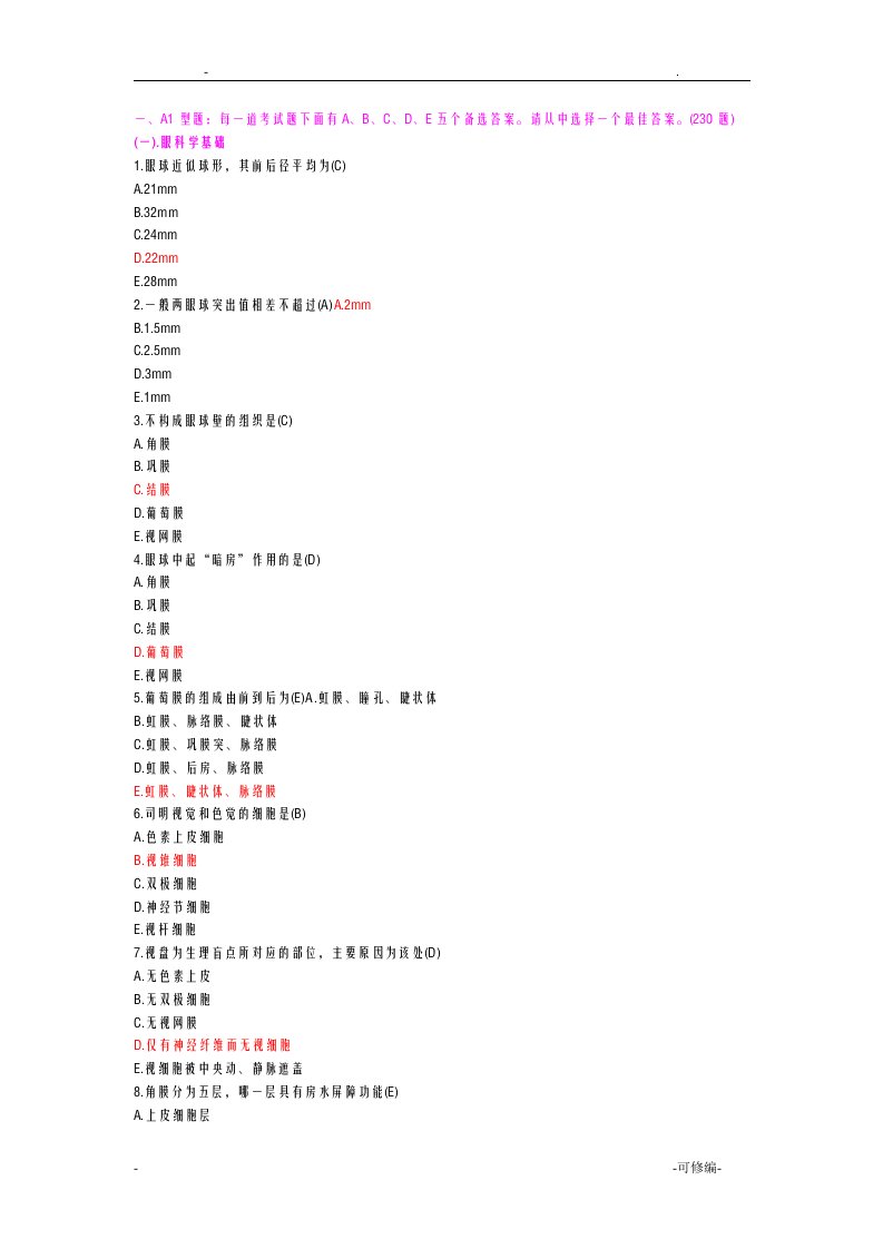 眼科学试题库