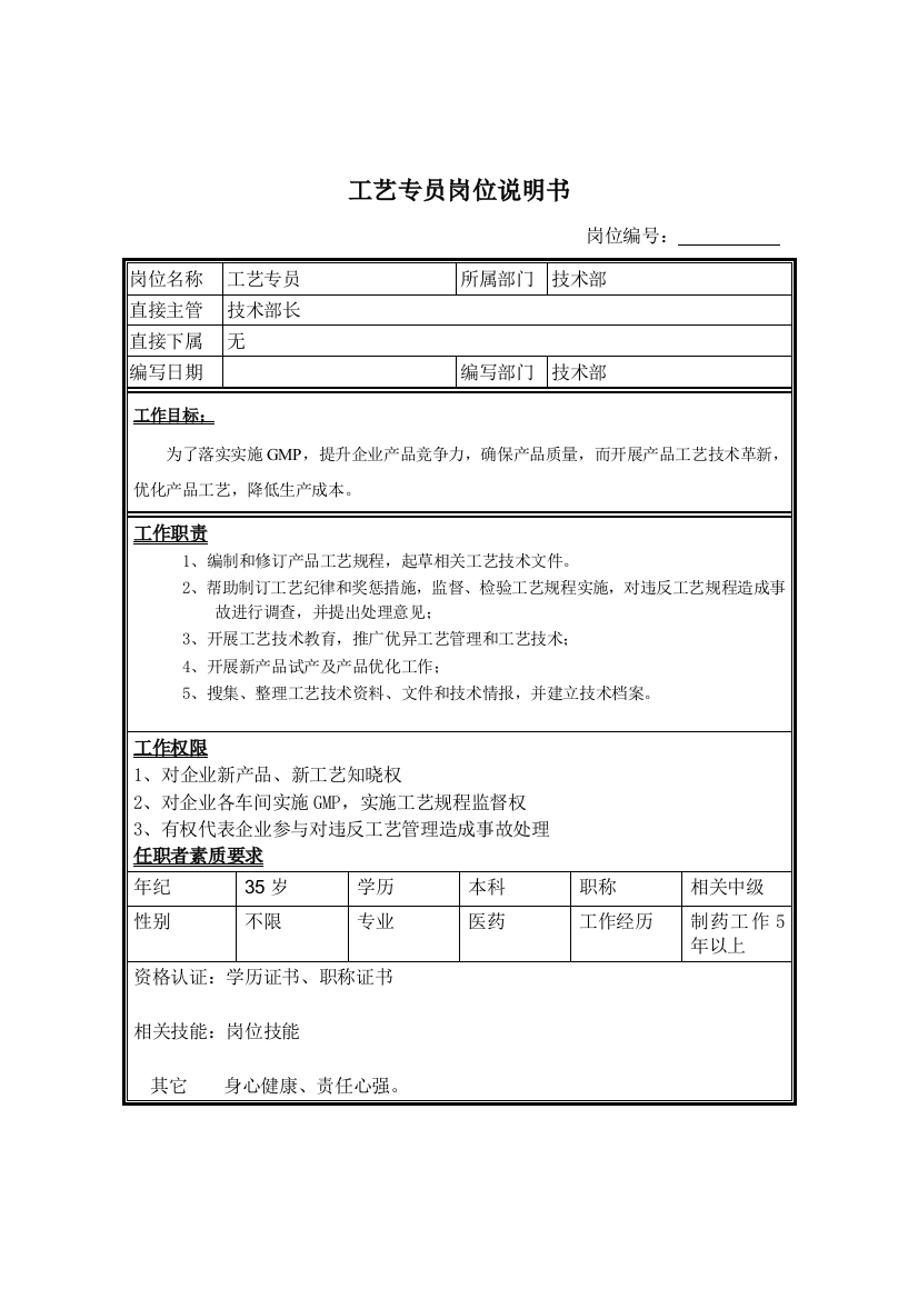 技术部工艺专员岗位职责样本