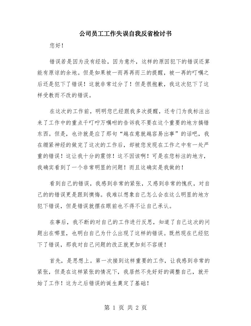 公司员工工作失误自我反省检讨书