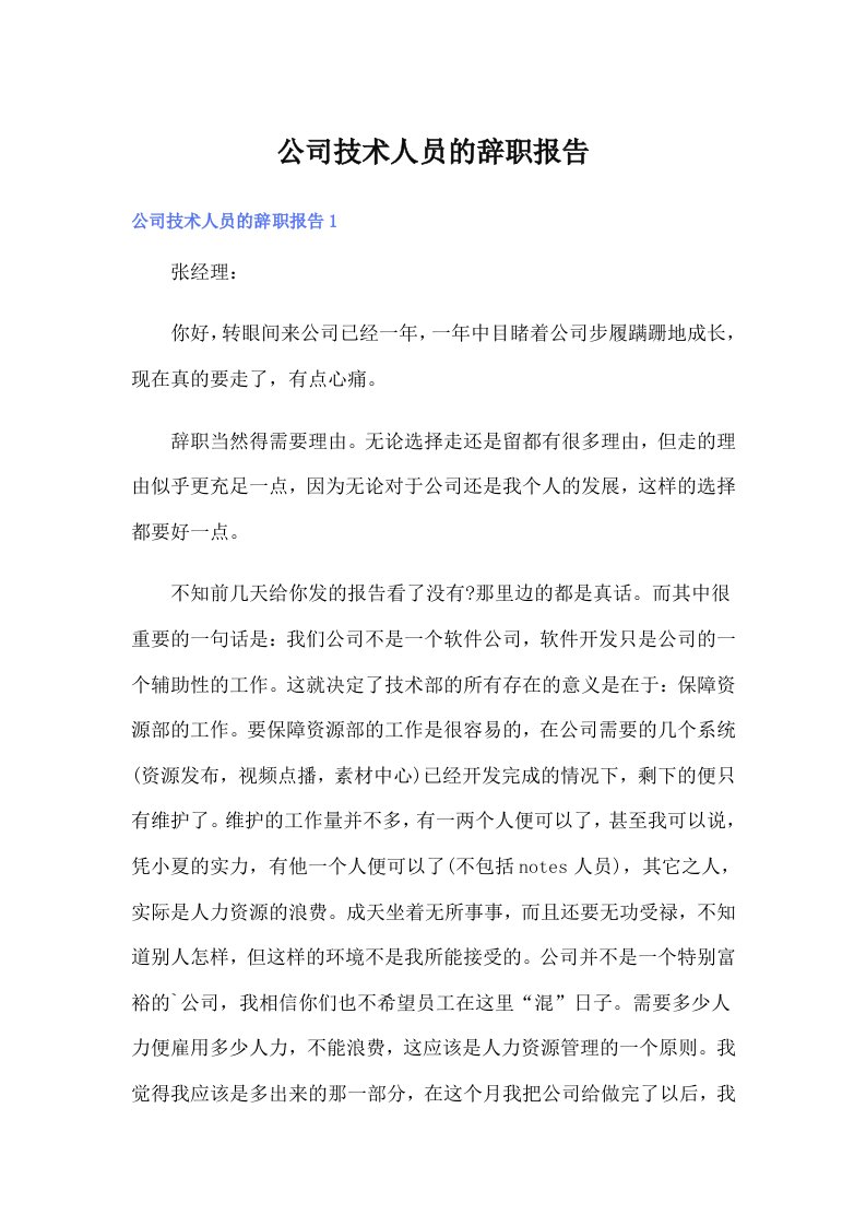 公司技术人员的辞职报告