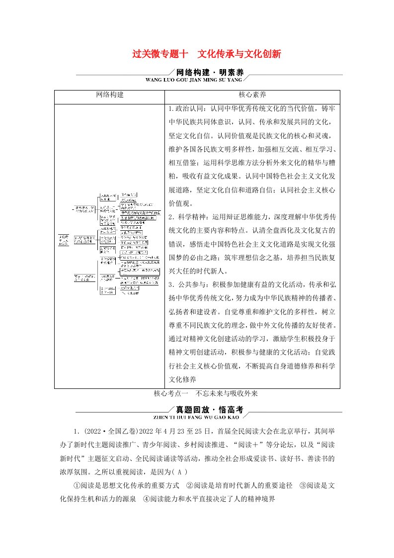 新高考适用2023版高考政治二轮总复习第1部分专题过关突破过关微专题10文化传承与文化创新核心考点1不忘未来与吸收外来教师用书