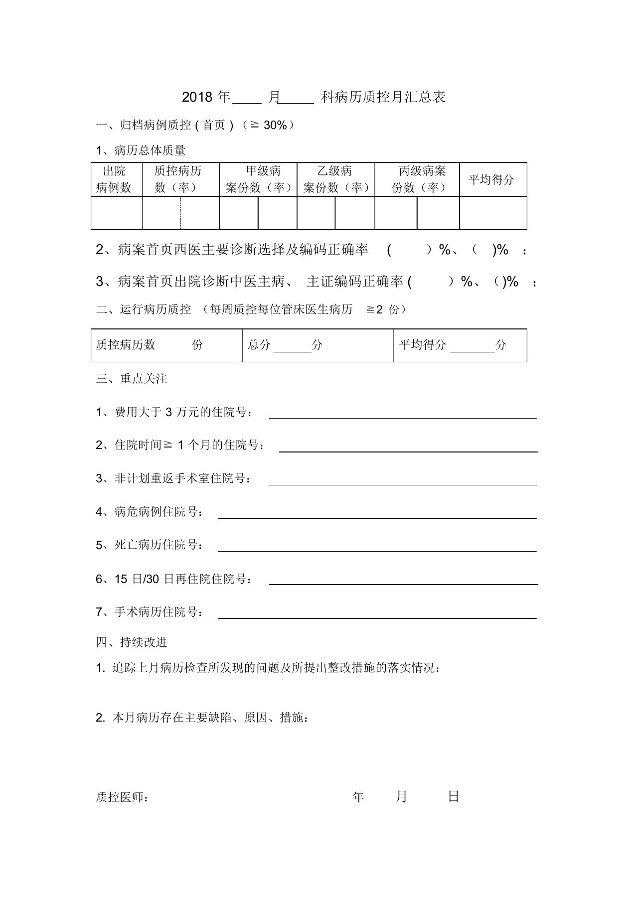 住院病历质控汇总表