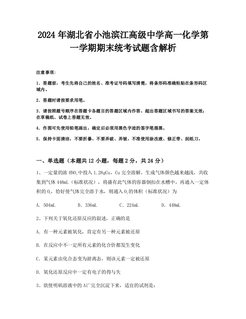 2024年湖北省小池滨江高级中学高一化学第一学期期末统考试题含解析