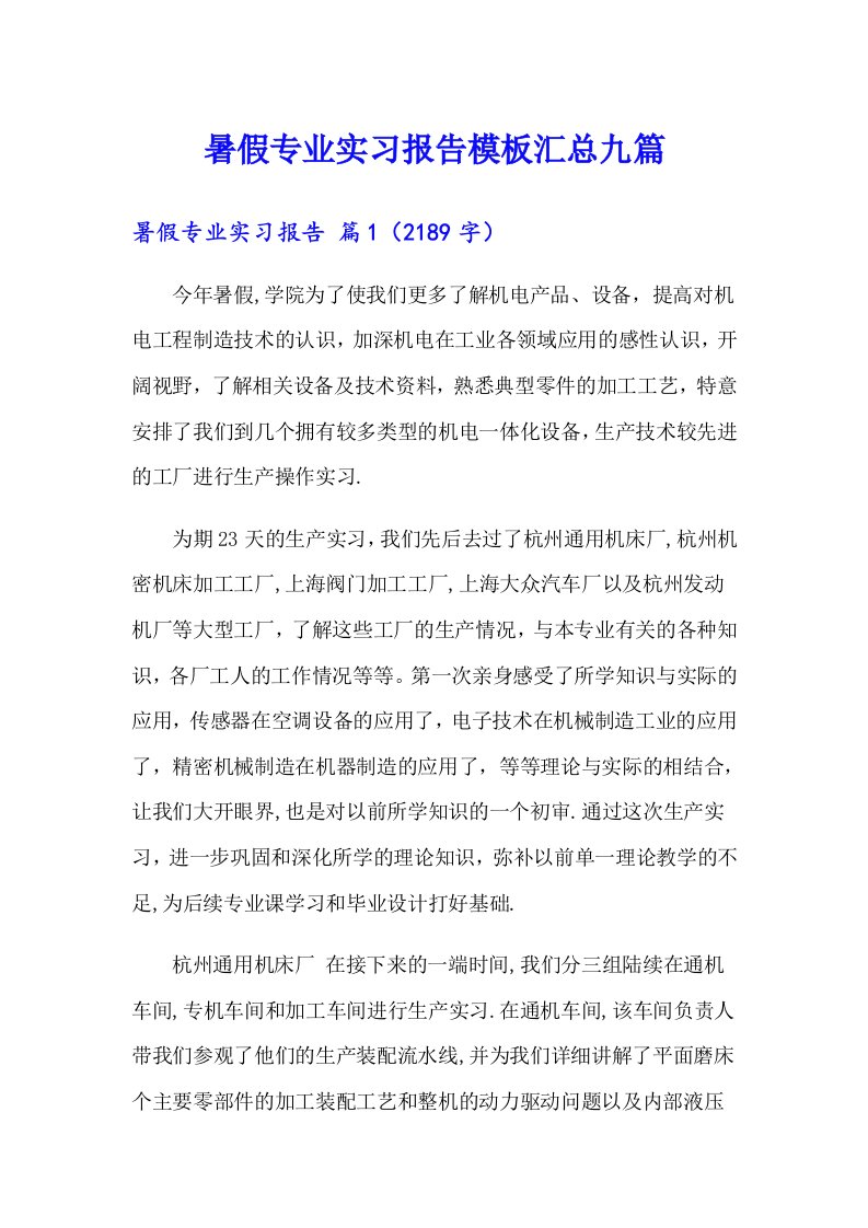 暑假专业实习报告模板汇总九篇