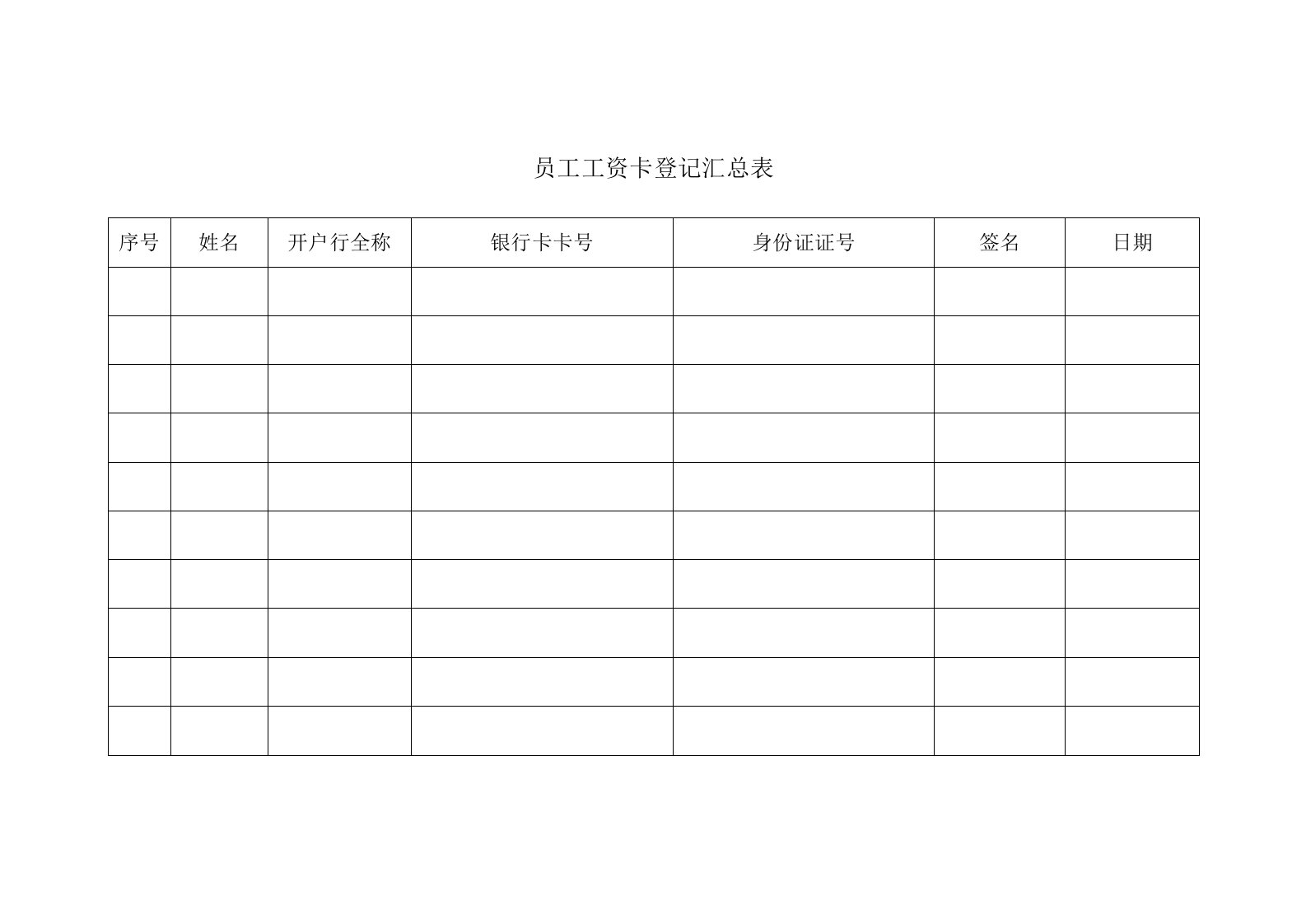 员工工资卡登记汇总表