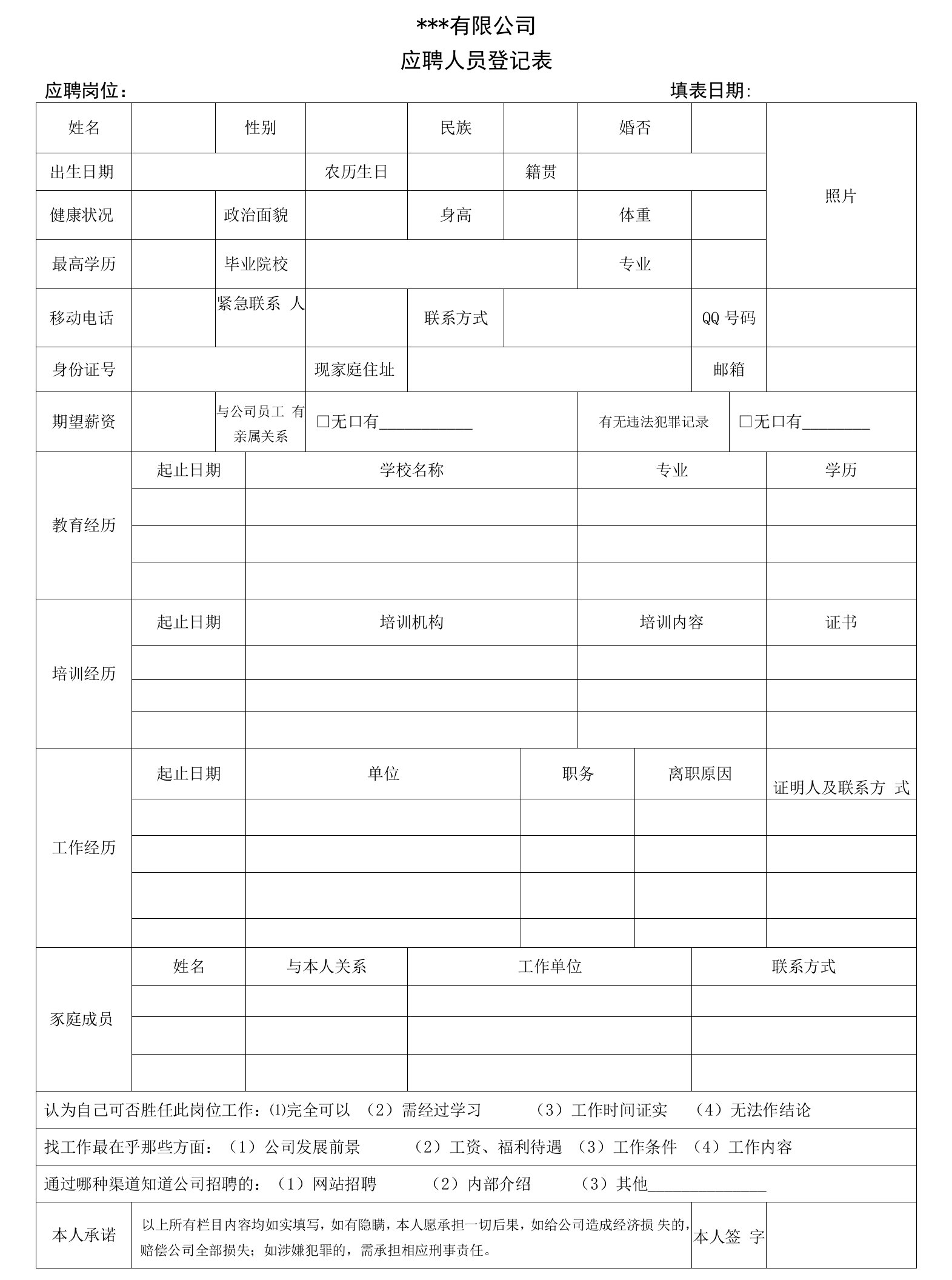 应聘人员登记表