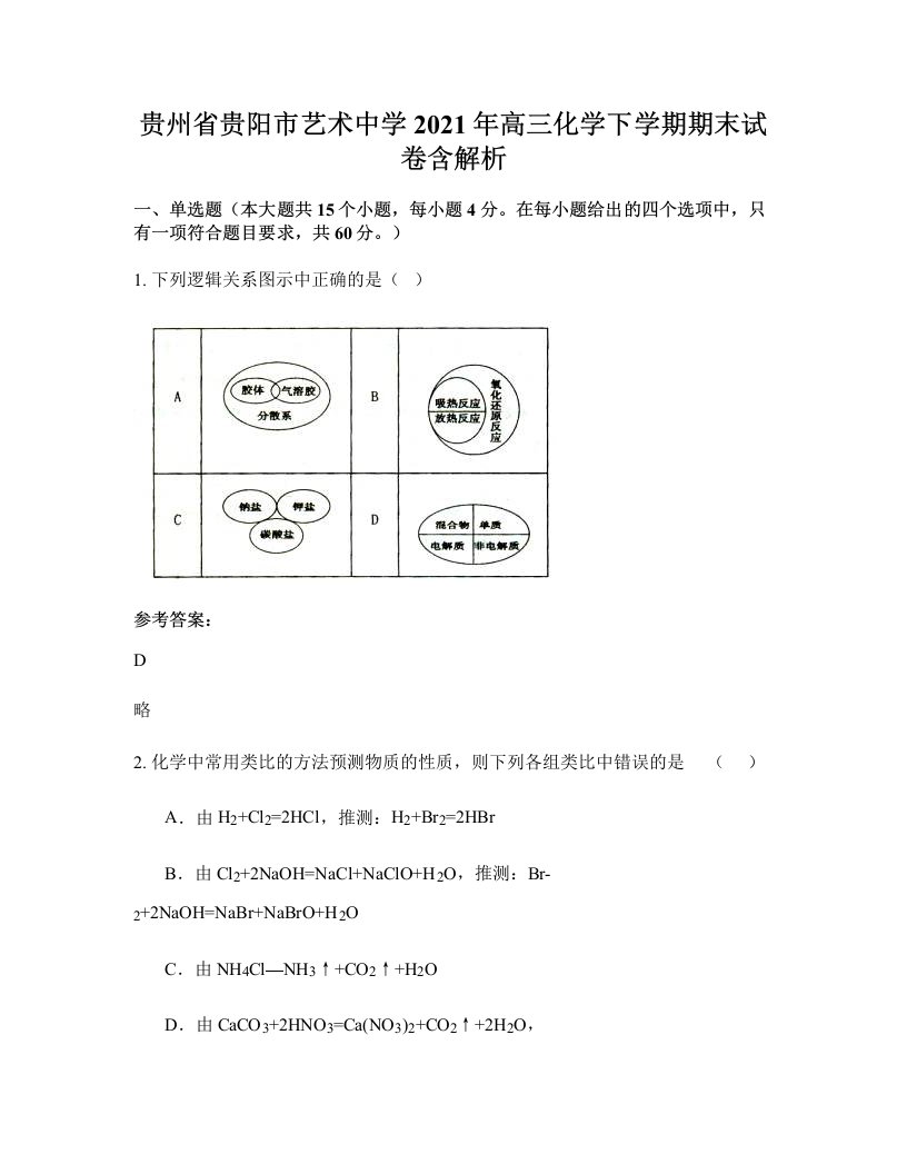 贵州省贵阳市艺术中学2021年高三化学下学期期末试卷含解析