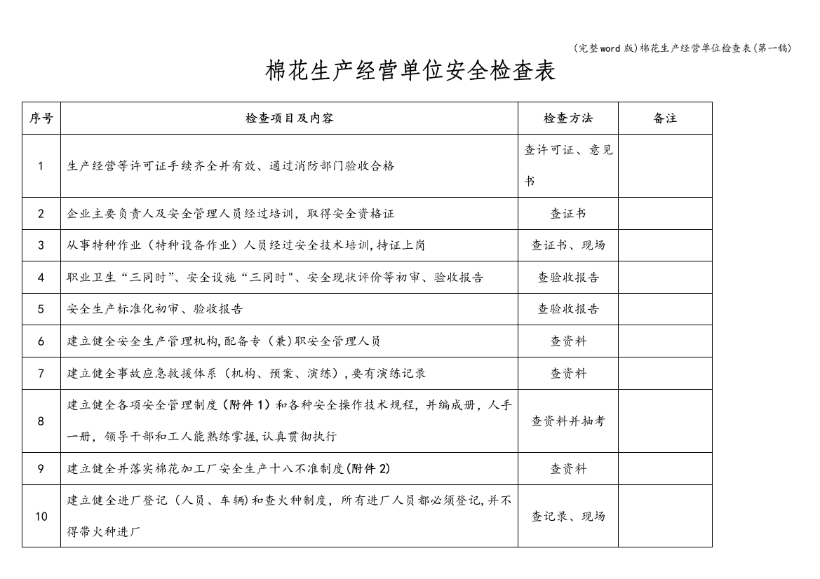 棉花生产经营单位检查表(第一稿)