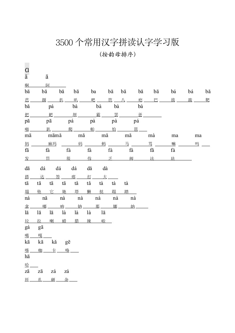 个常用汉字韵母排序法