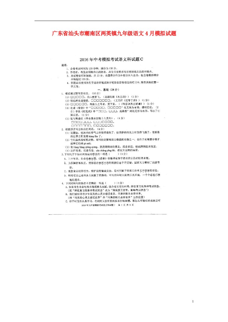 广东省汕头市潮南区两英镇九级语文4月模拟试题（C卷，扫描版）