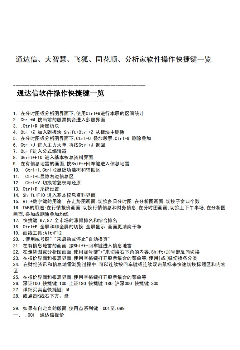 通达信、大智慧、飞狐、同花顺、分析家软件操作快捷键一览