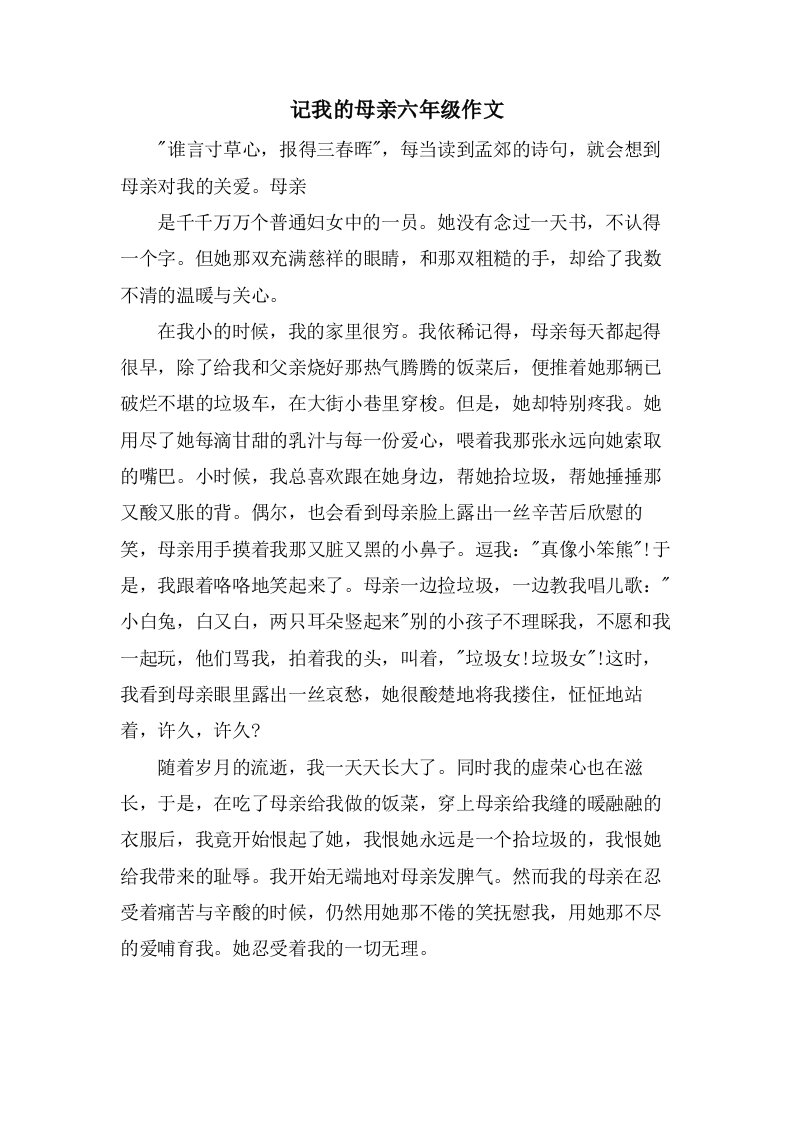 记我的母亲六年级作文