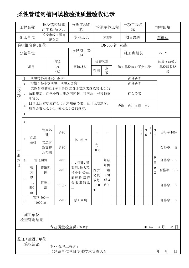 沟槽回填(柔性管道)工程检验批质量验收记录