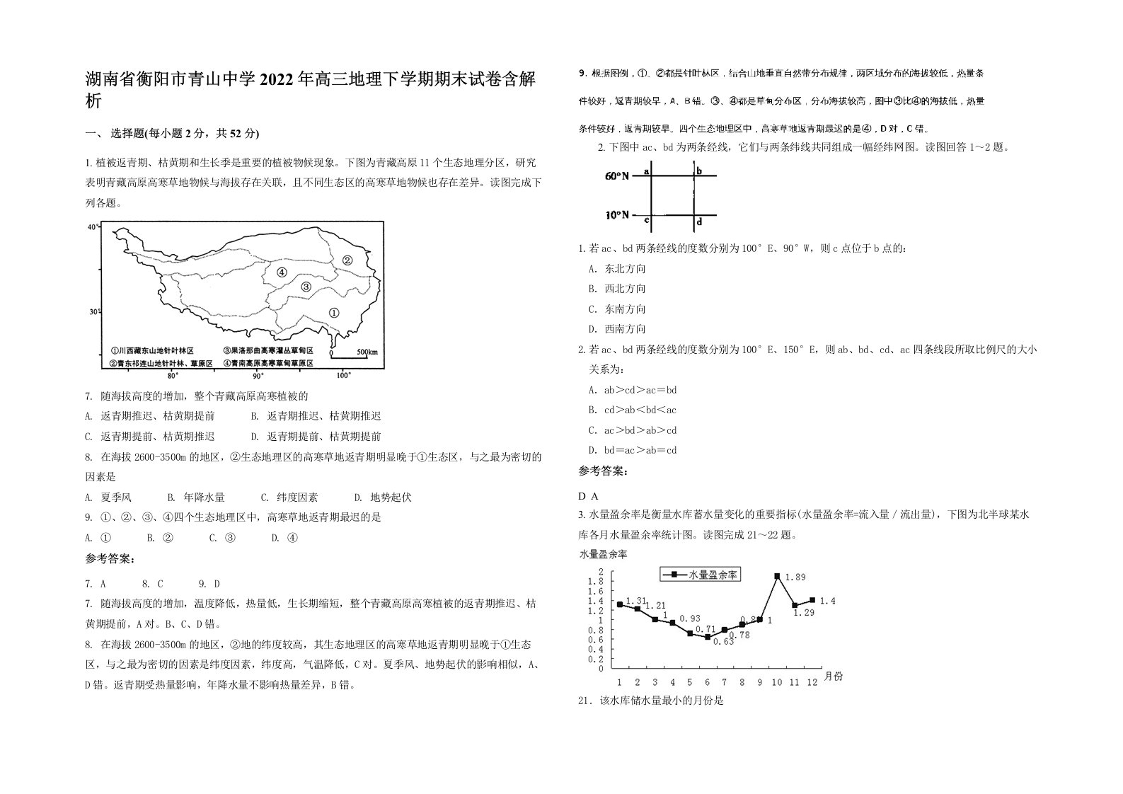 湖南省衡阳市青山中学2022年高三地理下学期期末试卷含解析