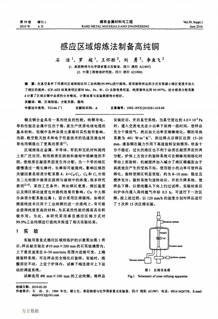 感应区域熔炼法制备高纯铜