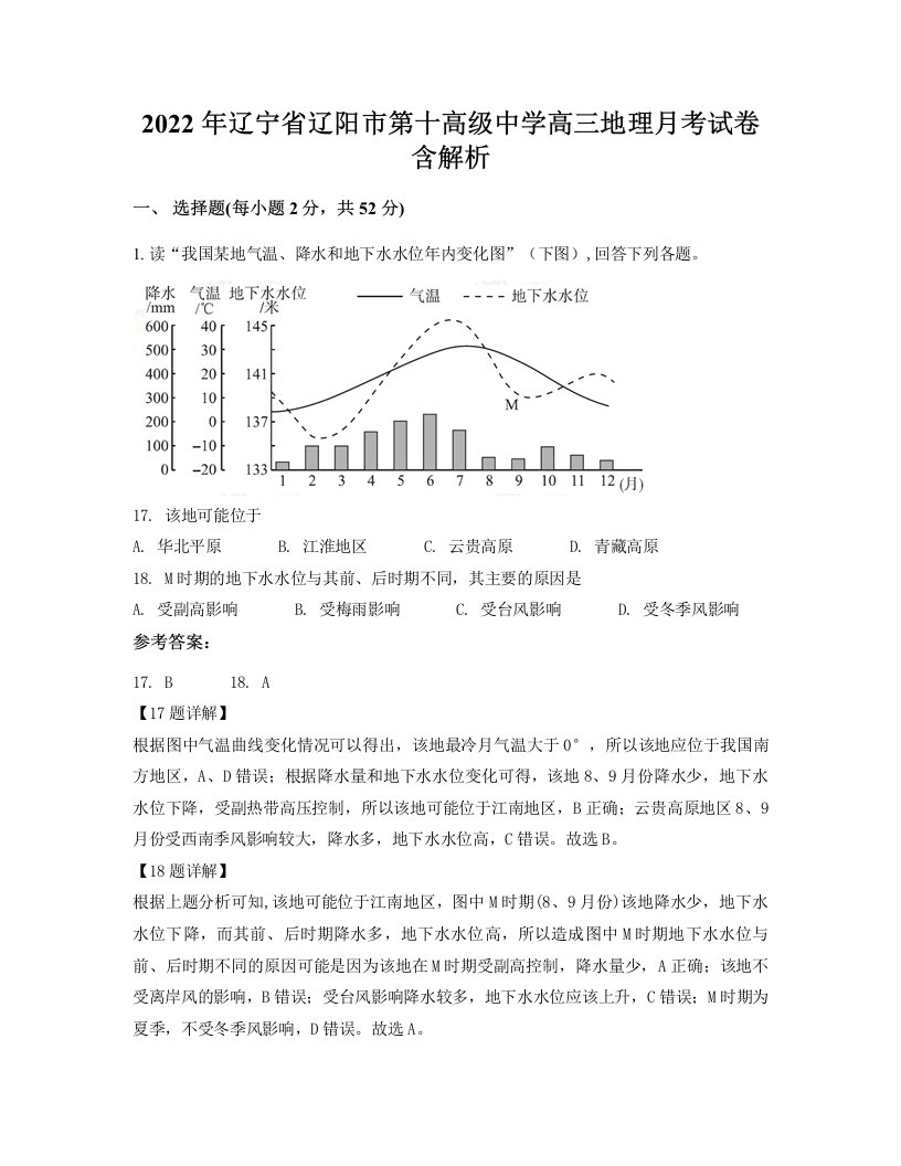 2022年辽宁省辽阳市第十高级中学高三地理月考试卷含解析