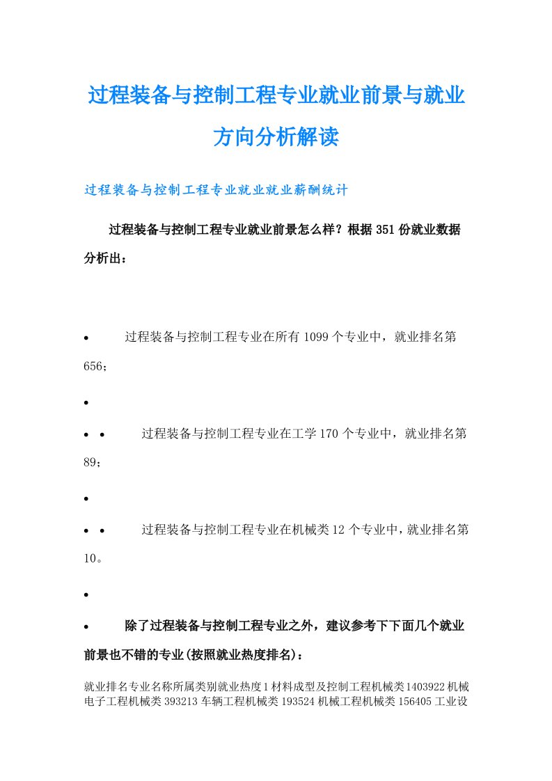 过程装备与控制工程专业就业前景与就业方向分析解读