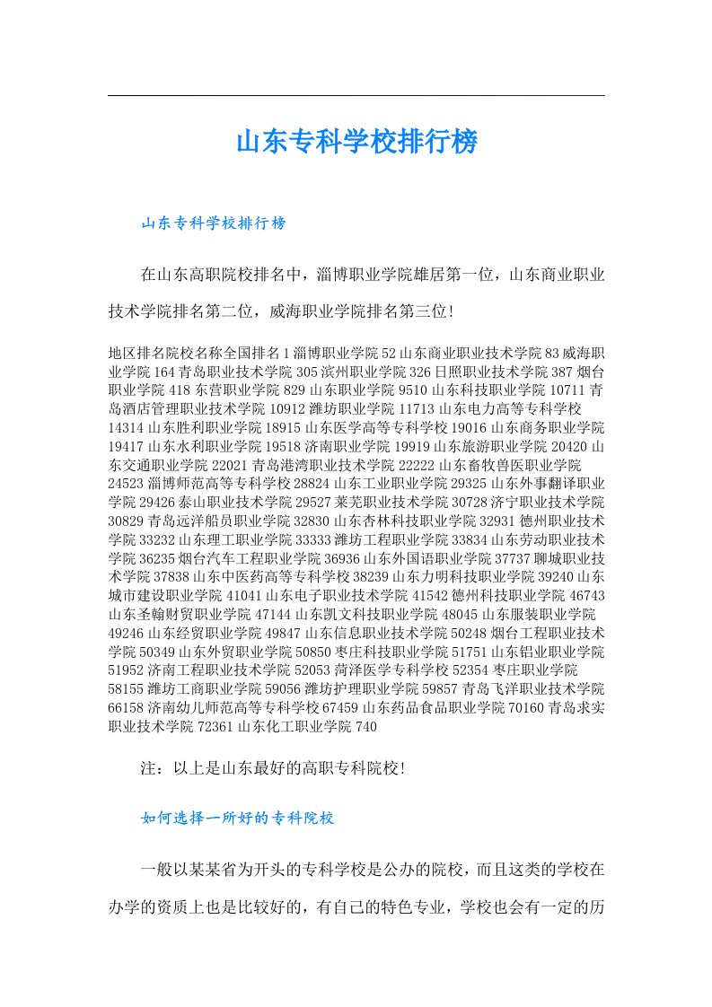 山东专科学校排行榜