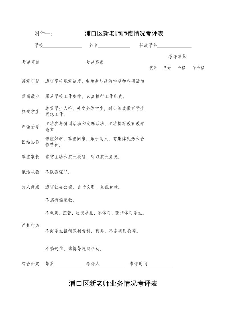 一：浦口区新教师师德情况考核表学校