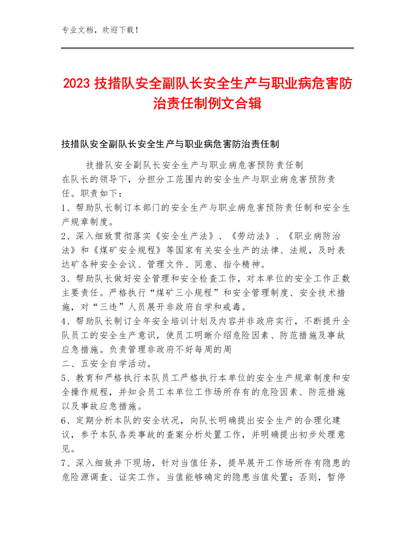 2023技措队安全副队长安全生产与职业病危害防治责任制例文合辑