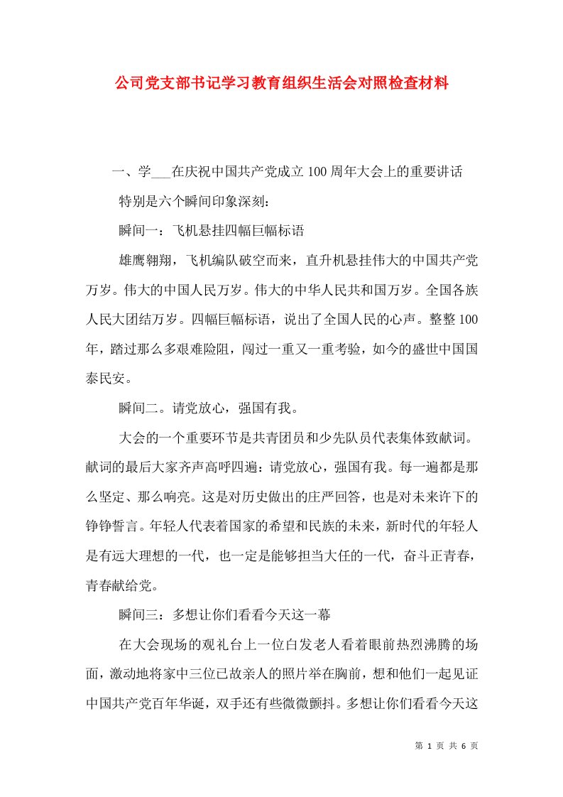 公司党支部书记学习教育组织生活会对照检查材料