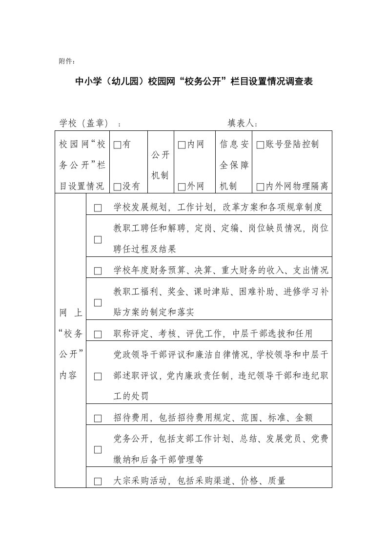 中小学（幼儿园）校园网“校务公开”栏目设置情况调查表