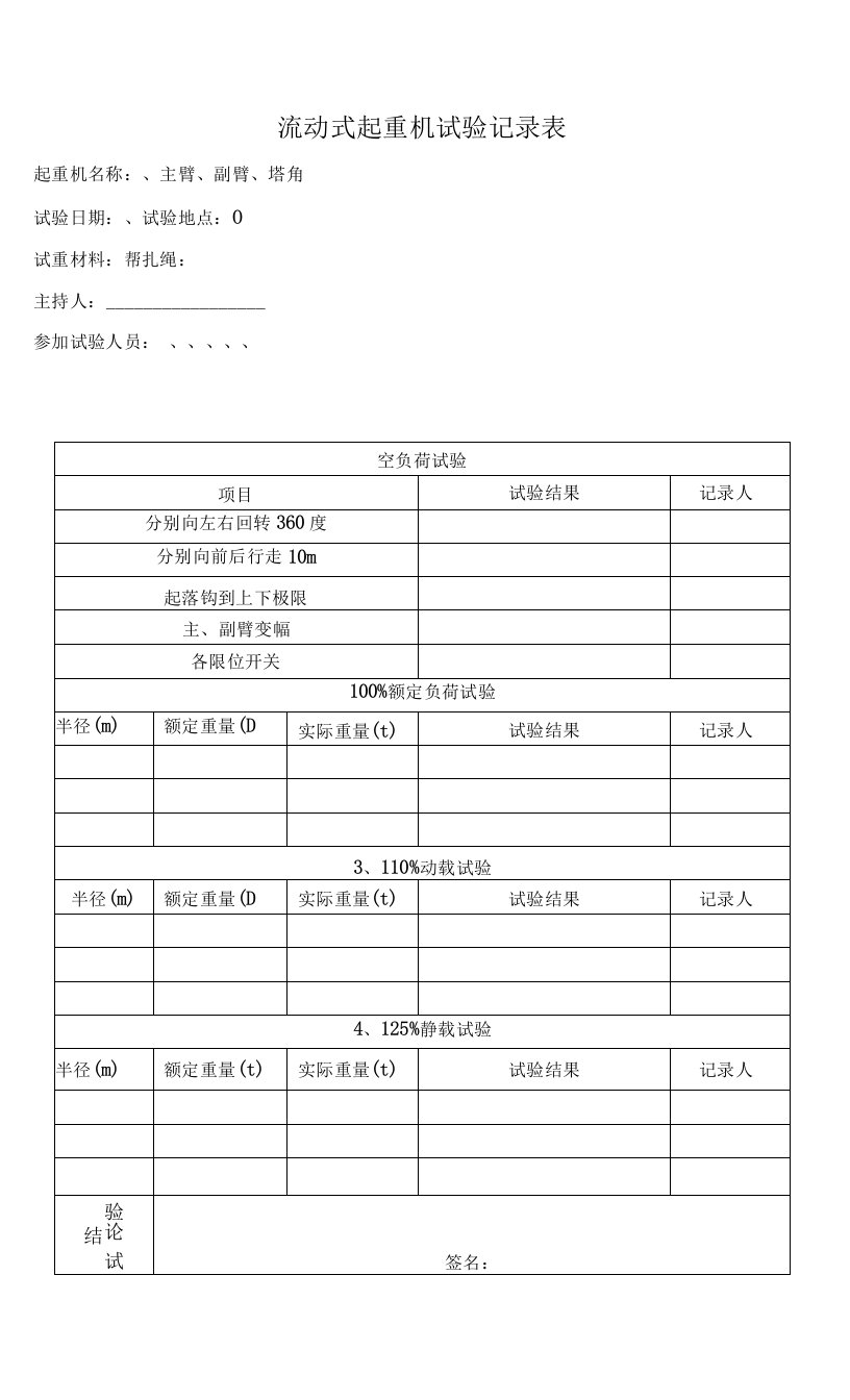 起重机械试验记录表