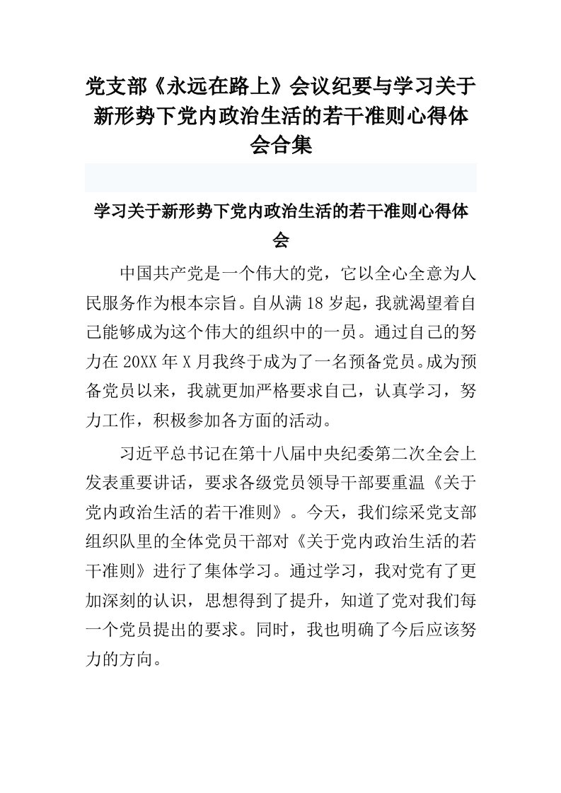 党支部《永远在路上》会议纪要与学习关于新形势下党内政治生活的若干准则心得体会多篇合集