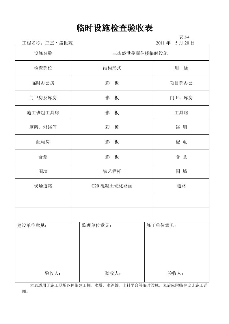 河南某建筑工程临时设施施工检查验收表格