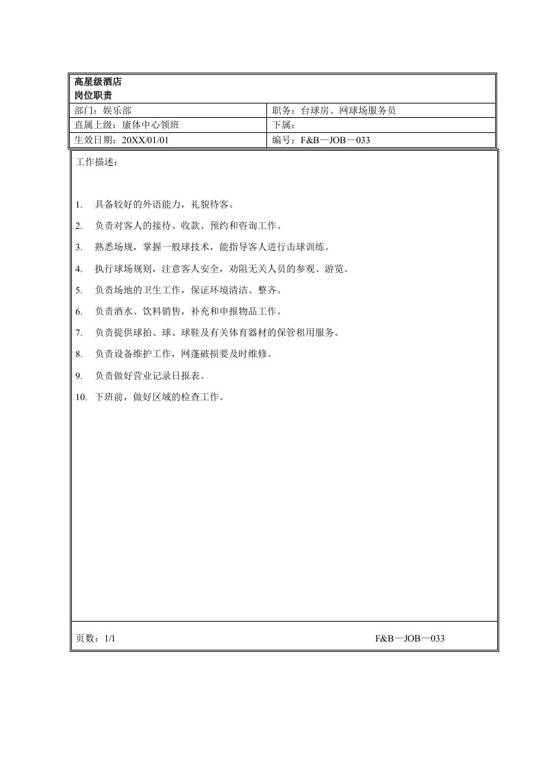 推荐-娱乐部台球房、网球场服务员岗位职责