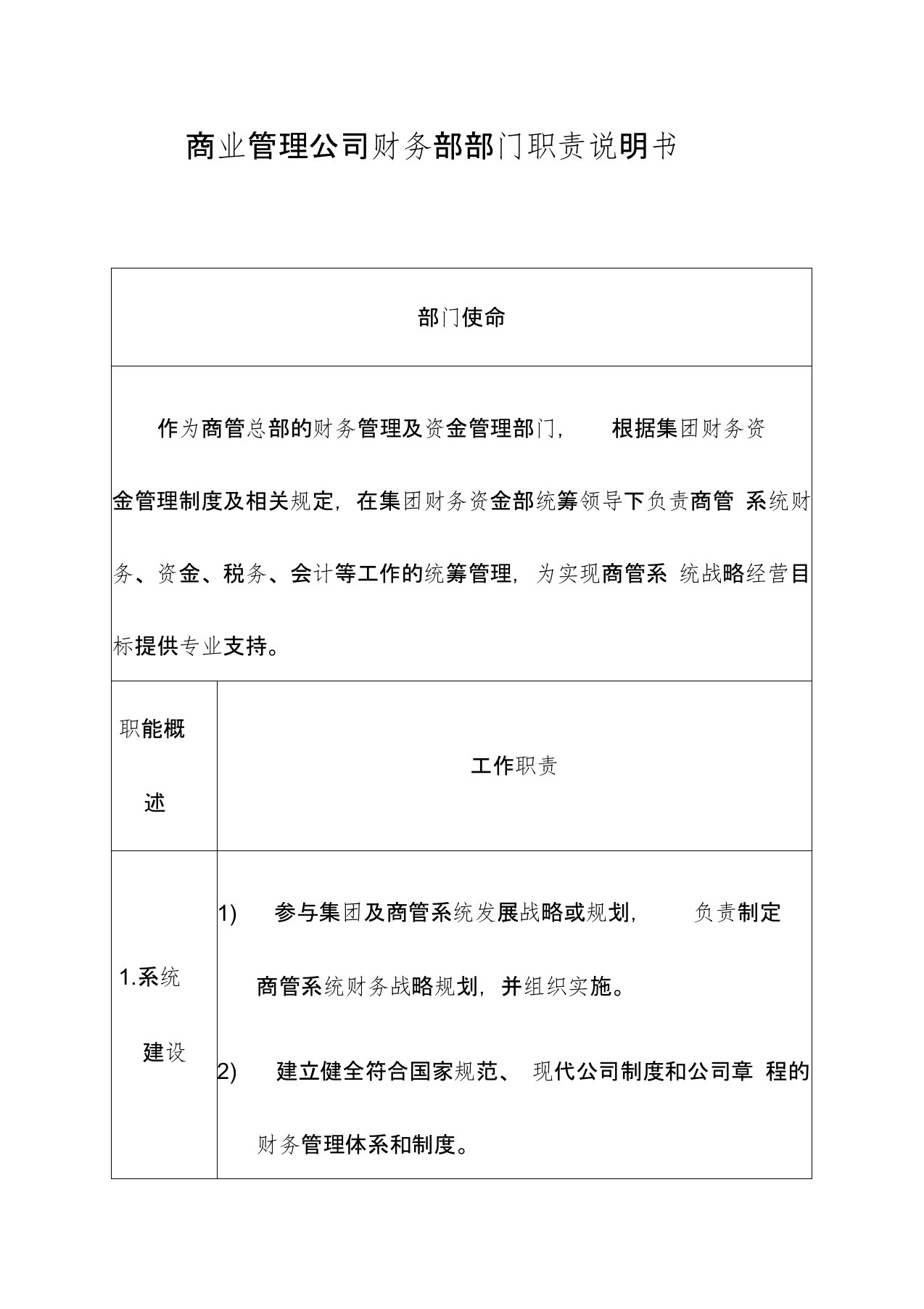 商业地产商业管理公司财务部部门职责说明书