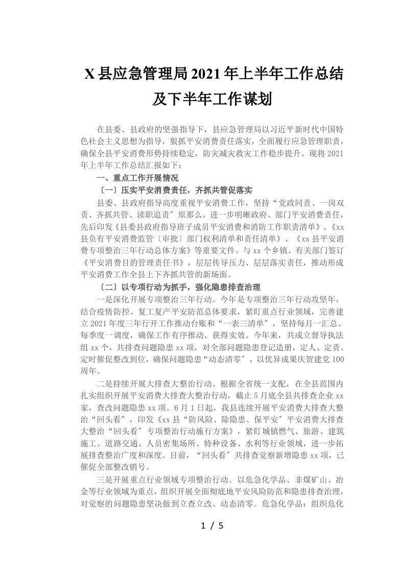 X县应急管理局2021年上半年工作总结及下半年工作谋划