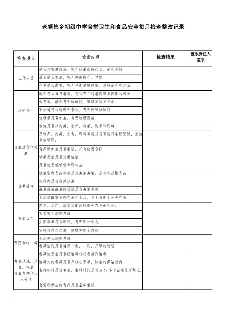 中学校食堂卫生和食品安全检查记录表（修订版）