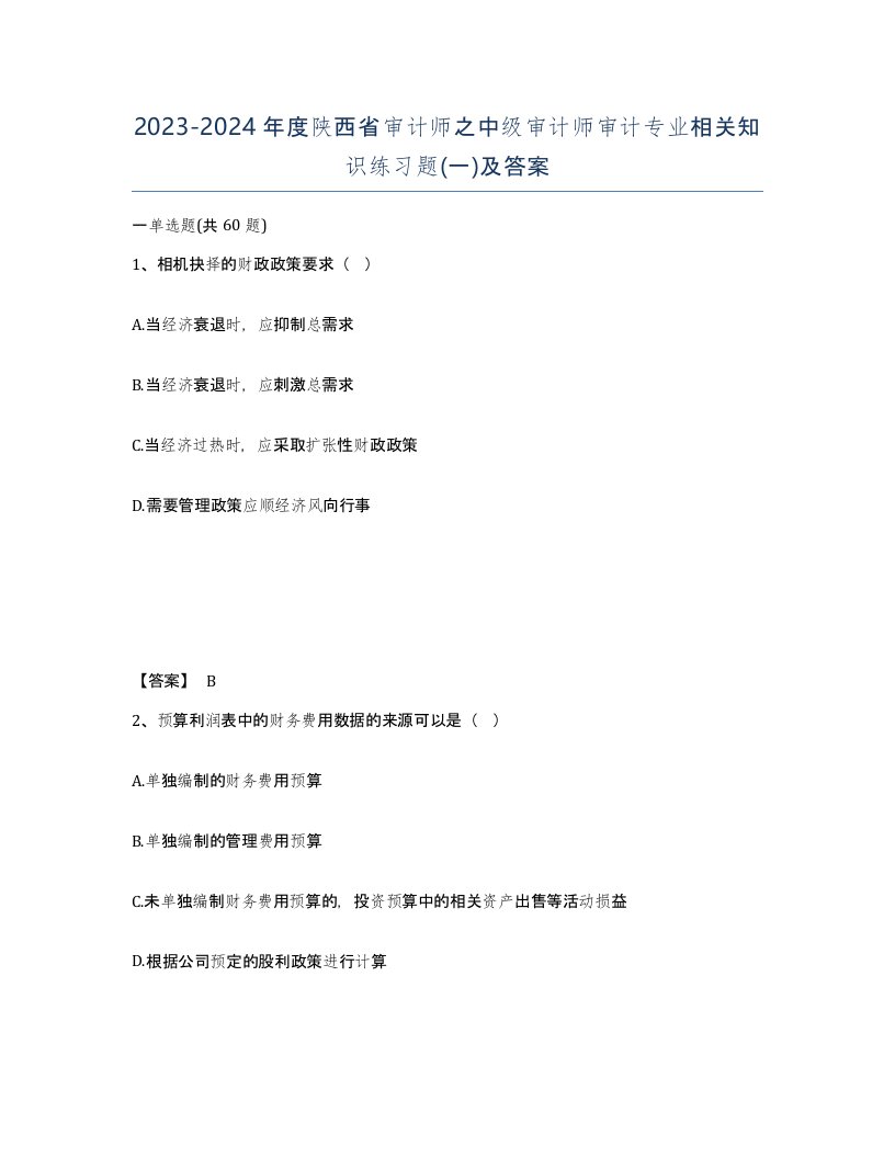 2023-2024年度陕西省审计师之中级审计师审计专业相关知识练习题一及答案