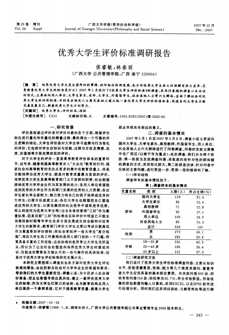 优秀大学生评价标准调研报告