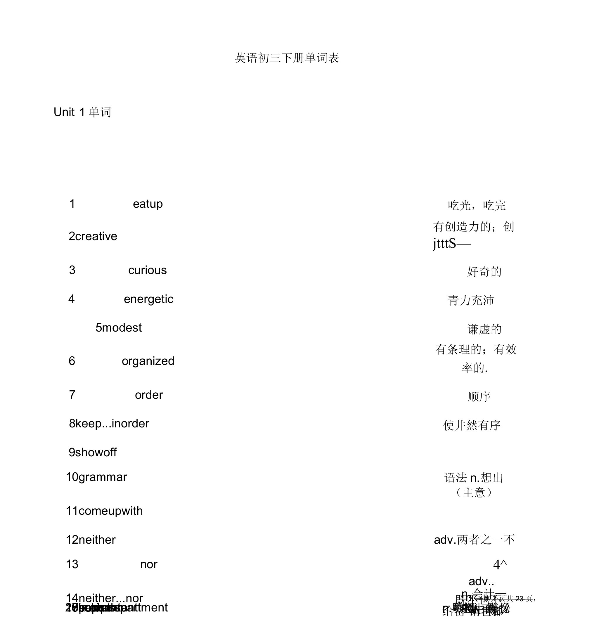 苏教版初三上册英语单词表