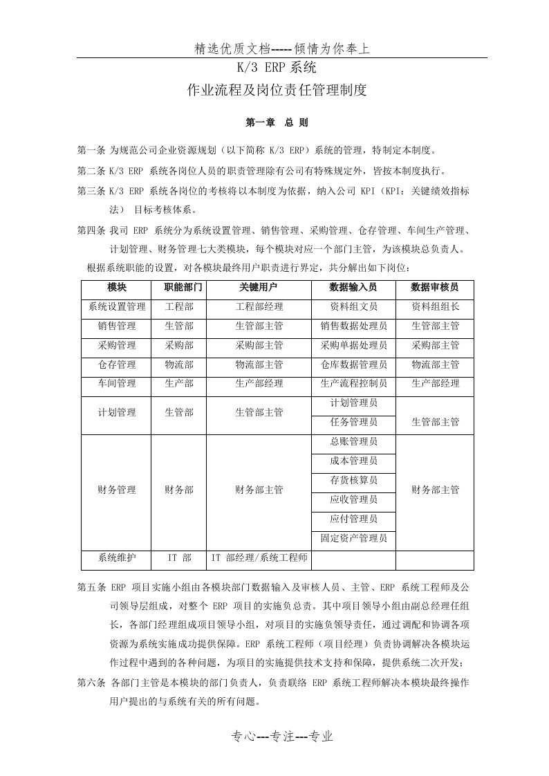 金蝶K3-ERP系统作业流程-ERP系统岗位责任规定(共12页)