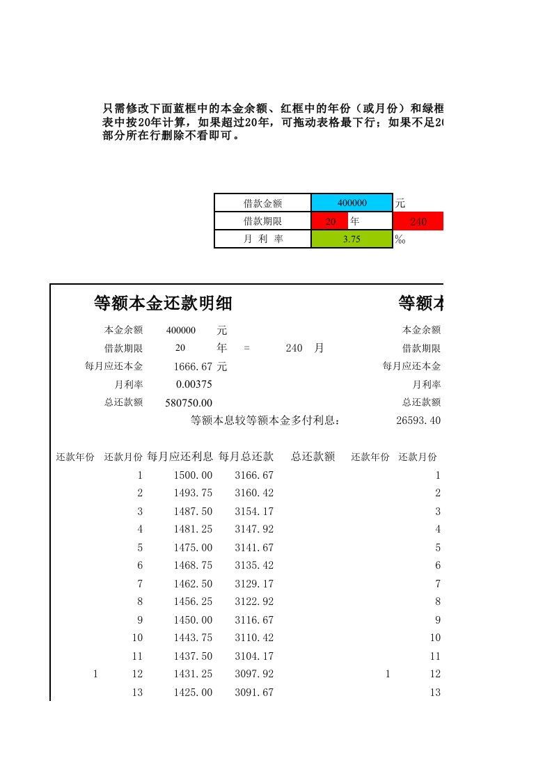 公积金贷款等额本金和等额本息逐月还款明细表（精选）