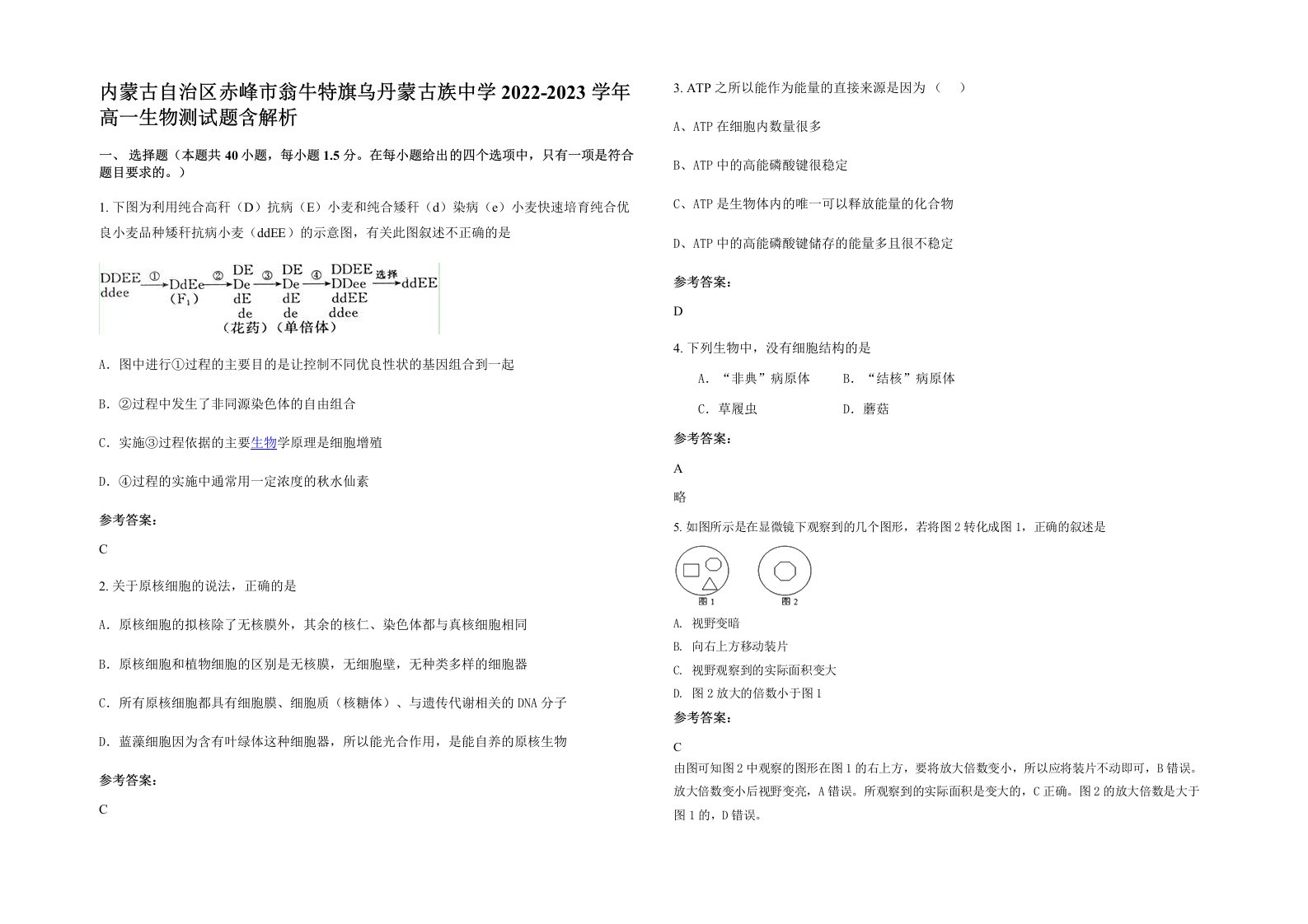 内蒙古自治区赤峰市翁牛特旗乌丹蒙古族中学2022-2023学年高一生物测试题含解析