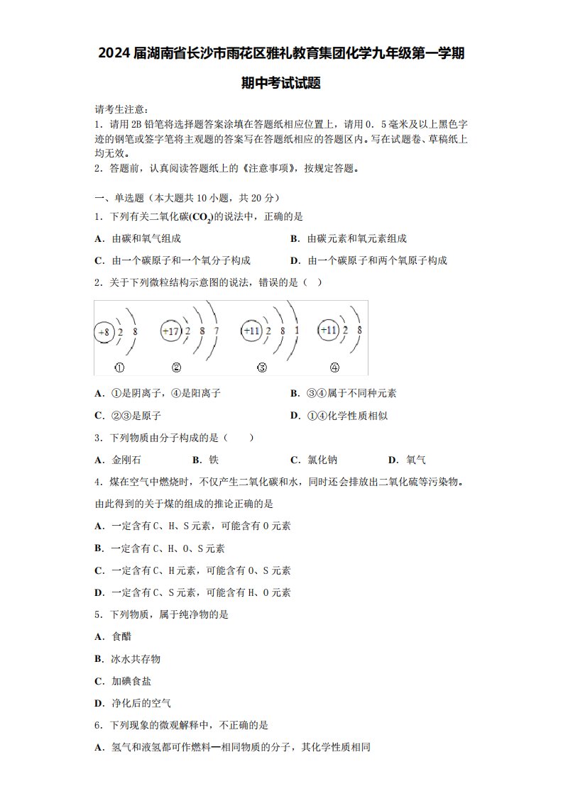 2024届湖南省长沙市雨花区雅礼教育集团化学九年级第一学期期中考试试题