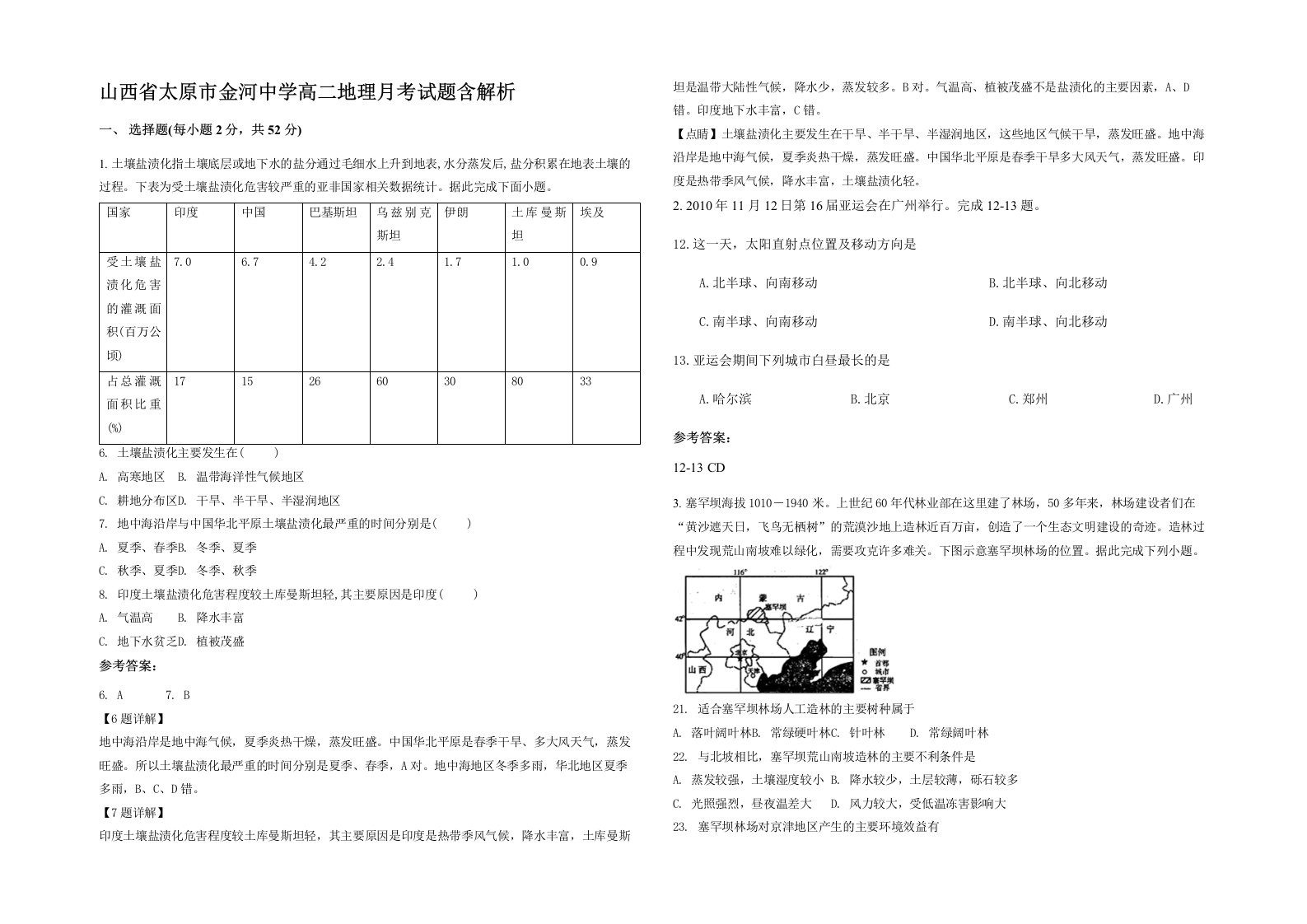 山西省太原市金河中学高二地理月考试题含解析