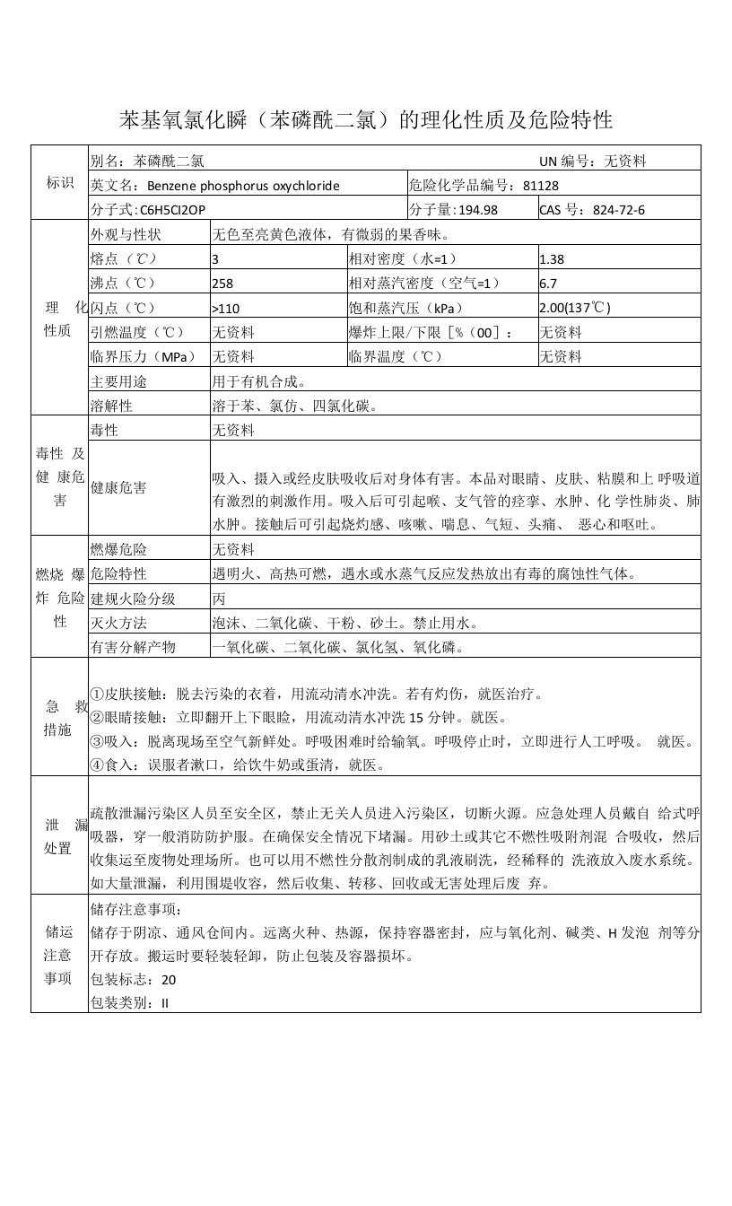 苯基氧氯化膦（苯磷酰二氯）的理化性质及危险特性表