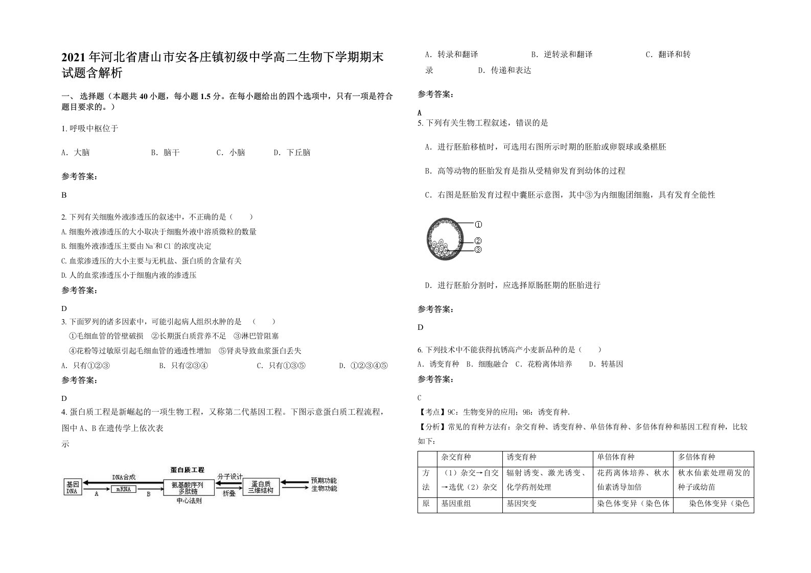 2021年河北省唐山市安各庄镇初级中学高二生物下学期期末试题含解析