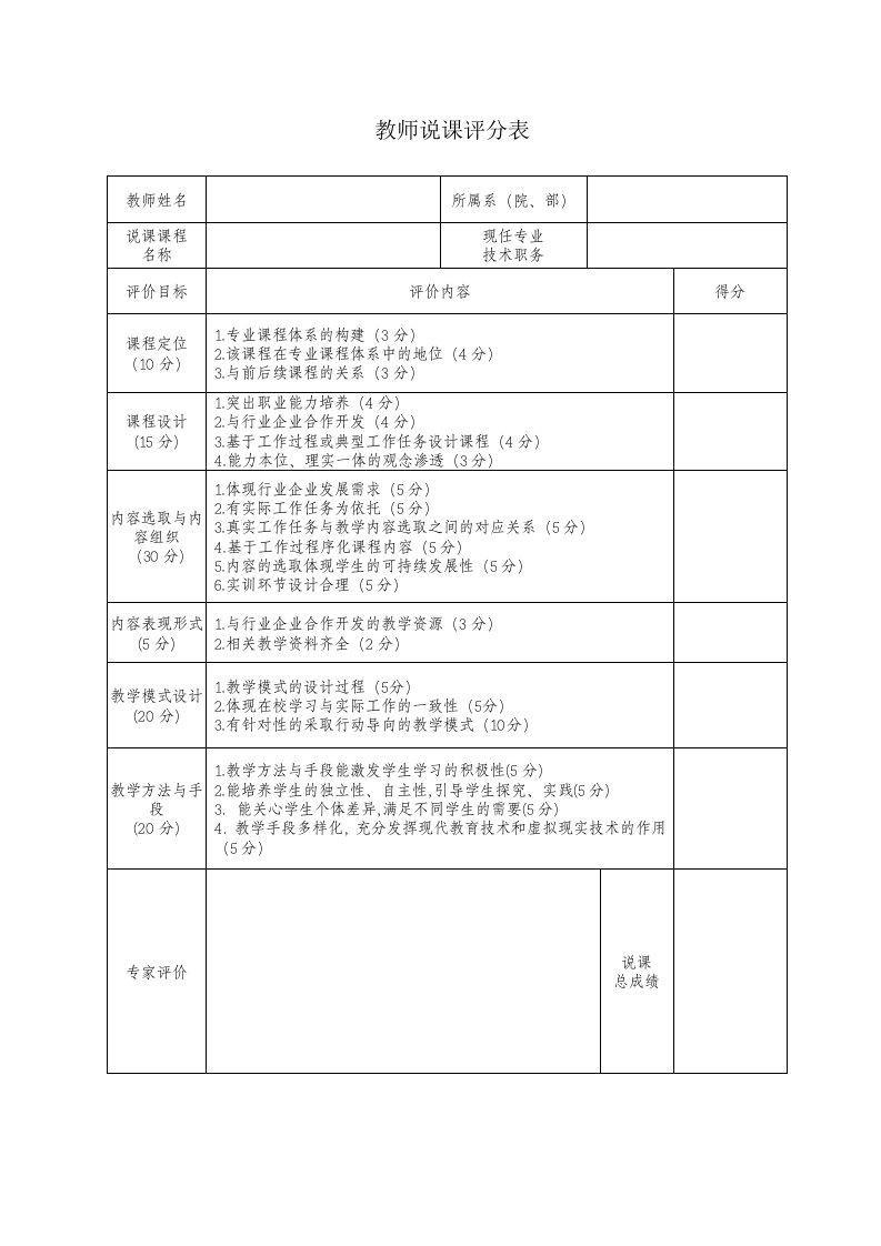 教师说课评分表