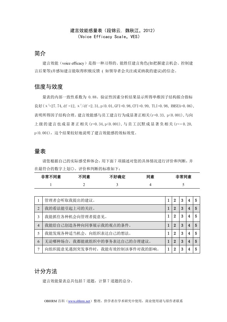 建言效能感量表(段锦云,