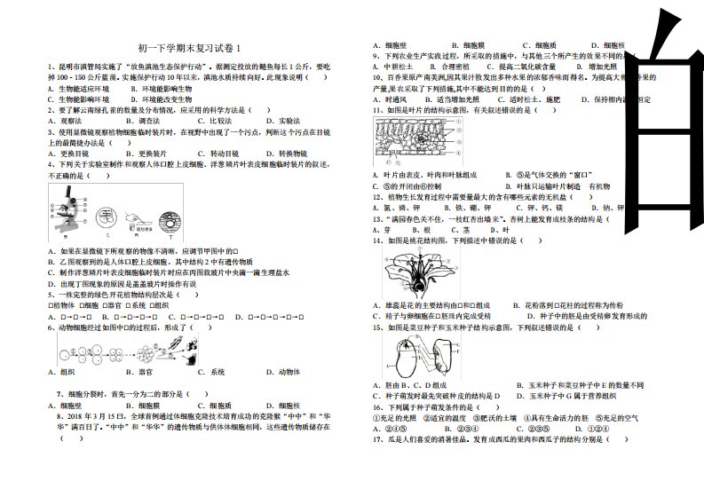 云南省七年级下学期期末生物模拟试卷