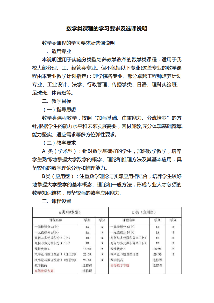 数学类课程的学习要求及选课说明